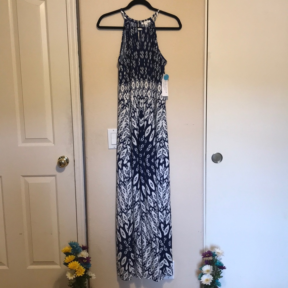 Navy Blue and White Maxi Dress